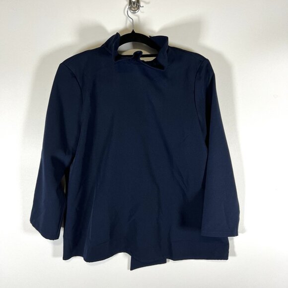 Tuckernuck NEW Navy Faye Preppy Bow Ruffle‎ Collar 3/4 Sleeve Blouse Size Large - Picture 2 of 10